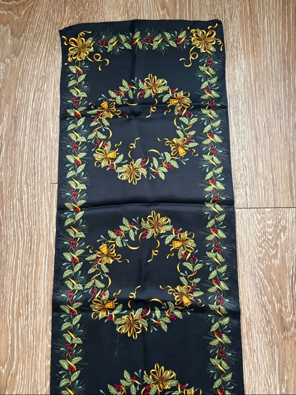 Vintage Oscar de la Renta silk scarf, Holiday/Christmas Wreath/Bell 11.5” x 53”